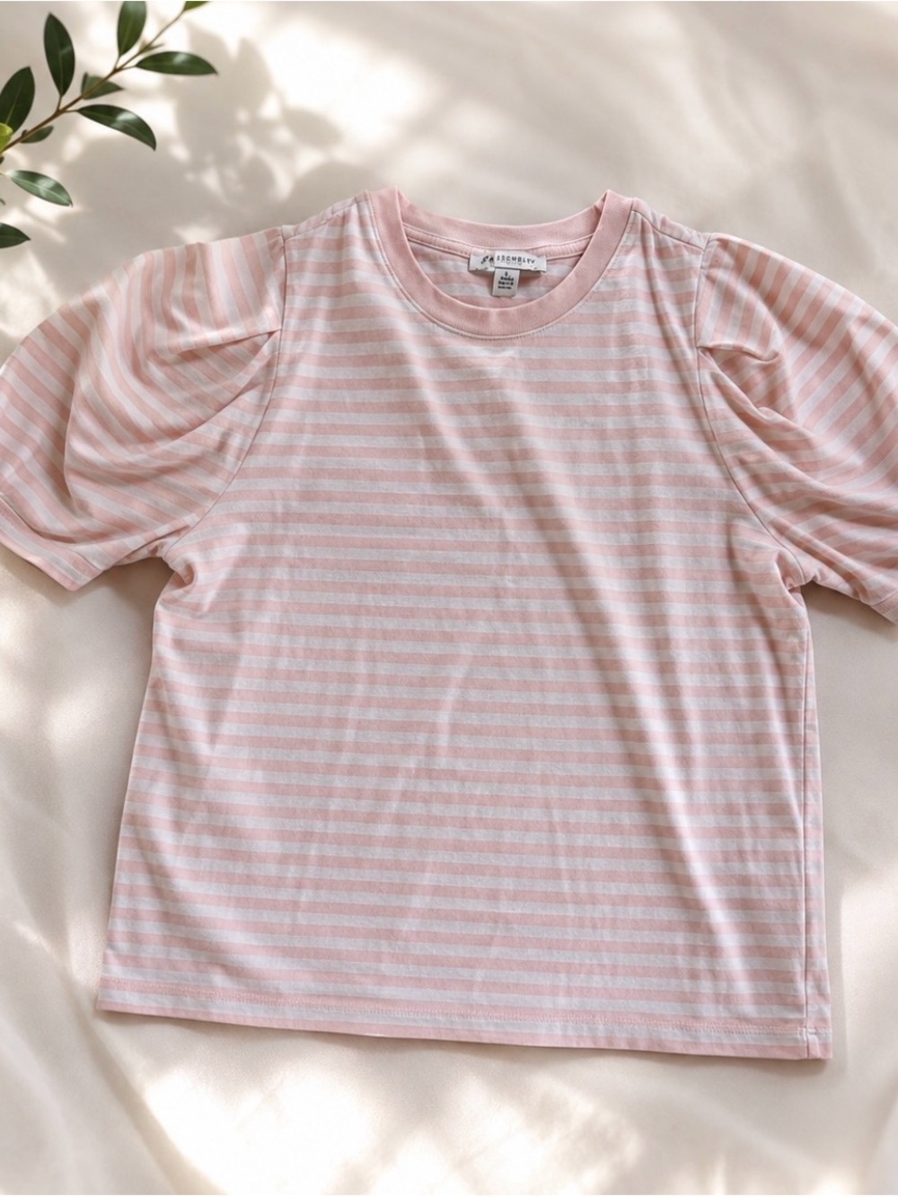 Striped Puff-Sleeve Tee in Soft Pink